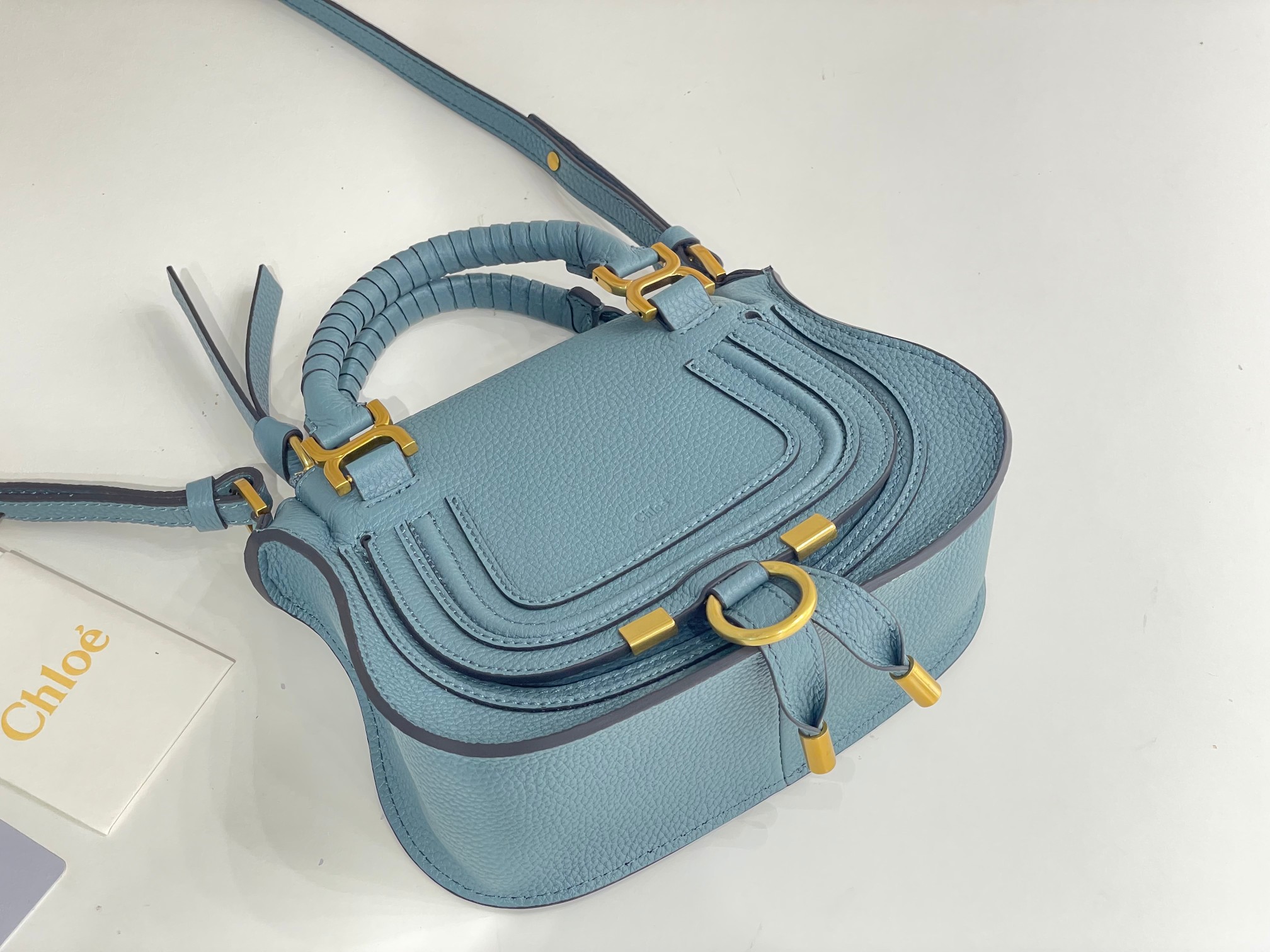 Chloe Mini Marcie Bag In Light Blue Grained Leather